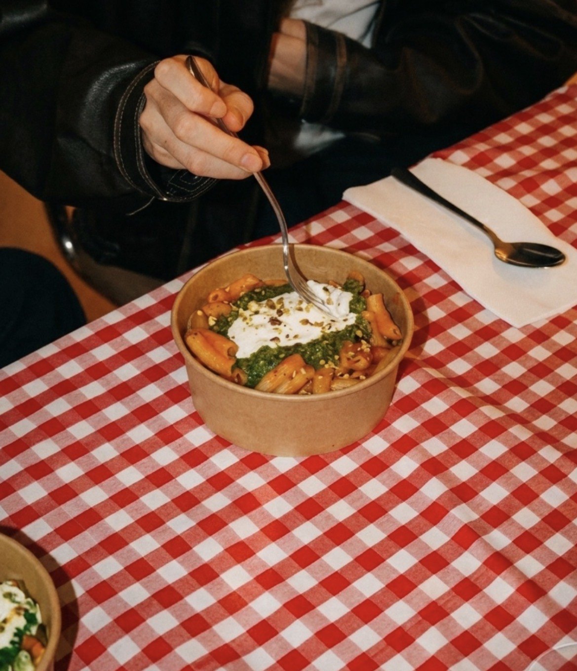 Takeaway pasta on the counter